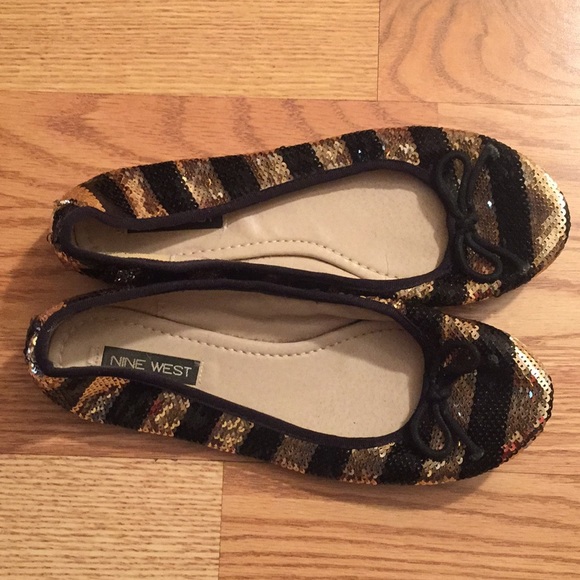 Nine West Black & Gold Sequin Striped Flats 8M - Picture 4 of 6
